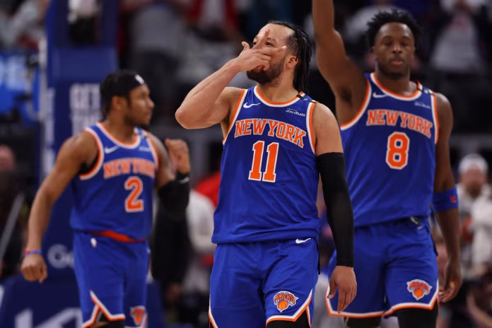 Jalen Brunson celebrating his late fourth-quarter three-pointer in the Knicks Game 6 win over the Detroit Pistons Gregory Shamus/Getty Images/AFP Jalen Brunson (28) score
