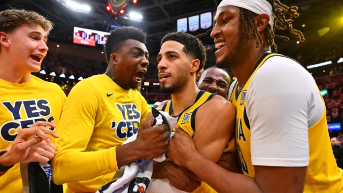 Tyrese Haliburton (center) hit a game-winning three-pointer to lift the Indiana Pacers over the Cleveland Cavaliers in Game 2 of the Eastern Conference semifinals. Jason Miller/Getty Images