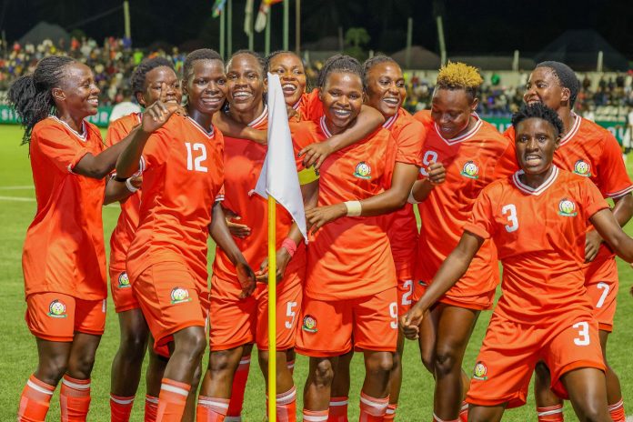 Harambee Starlets players celebrate after scoring a goal against Uganda, during the 2025 Cecafa Senior Women's Championship campaign at Azam Sports Complex in Chamazi, Dar es Salaam, Tanzania on June 17, 2025. [Harambee Starlets,X]