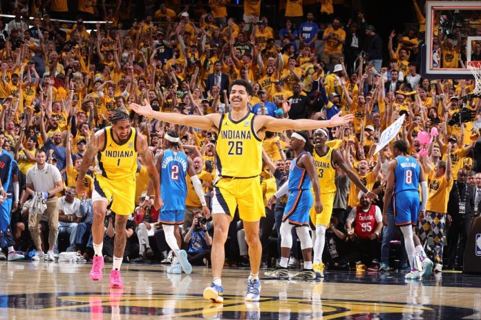 Indiana's Ben Sheppard celebrates after hitting a 3-pointer to end the third quarter. Nathaniel S. Butler/NBAE/Getty Images