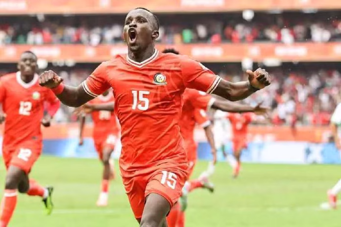 Harambee stars vs morocco Ryan Ogam celebrates scoring for Kenya against Morocco FKF Media