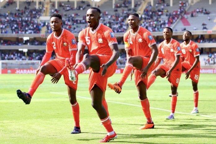 kenya vs Seychelles -Ryan Ogam celebrates alongside teammates FKF Media